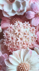 Close up Thai dessert various flower shaped in pastel pink color tone of Coconut milk flavor, Sam Pan Nee traditional Thai handcraft snack, Royal famous Thai sweets, vertical image  for wallpaper