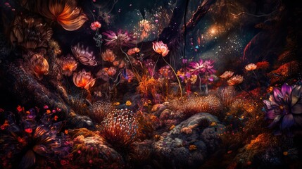 Abstract nature floral baroque on black background. Flower victorian old painting style. Generative AI technology.