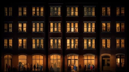A row of apartments with silhouettes of people in the windows at night. Generative AI. 