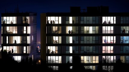 A row of apartments with silhouettes of people in the windows at night. Generative AI. 