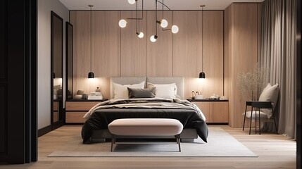 Bedroom on luxury minimalist modern classic style interior background. Generative AI technology.	
