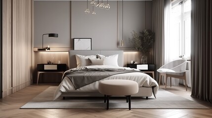Modern style Bedroom interior background. Generative AI technology.	
