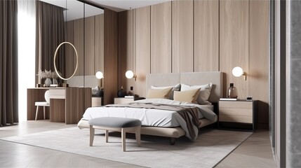 Fototapeta na wymiar Bedroom on minimalist modern wooden style interior background. Generative AI technology. 