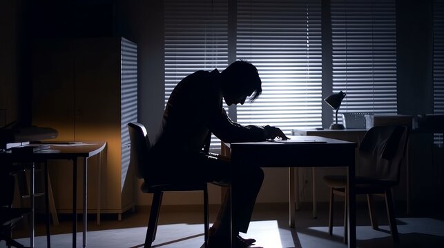 Stress businessman silhouette touching his head at office room. Hard time unhappy mental health. Generative AI technology.	