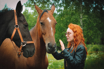 Obraz premium Girl with a horse on the background of summer nature. Photo in color.