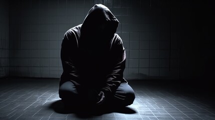 Hacker silhouette sitting on dark room background. Generative AI technology.