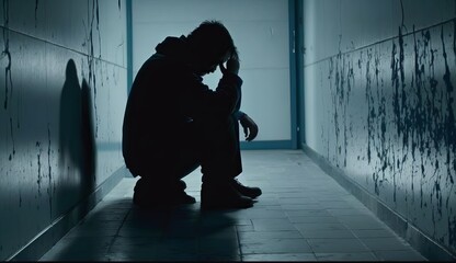 Over work man silhouette sitting on hallway. Burnout unhappy mental health. Generative AI technology.