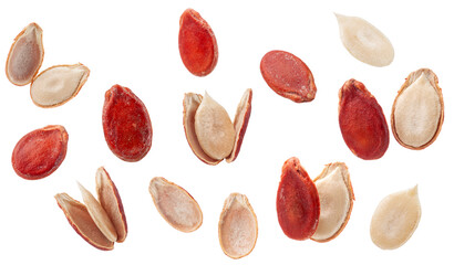 a set of red watermelon seeds isolated on white background.