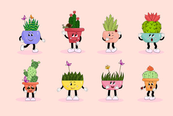 Funny cacti in flower pots. Cartoon style. Vector mascots on an isolated background. For stickers, covers and brochures, advertising flyers, invitations and postcards.