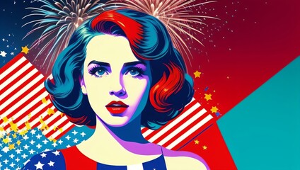 Pop Art Woman Fireworks Illustratred Patriotic Flag Stars and Stripes Red White and Blue Generative Ai Illustration