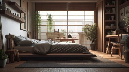 Bedroom on japanese wooden style interior background. Generative AI technology.
