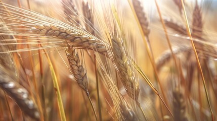 Wheat grain on morning background. Plant harvest farm close up. Generative AI technology.	
