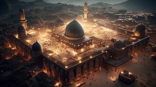 Islamic mosque glow on night dessert background. Generative AI technology.