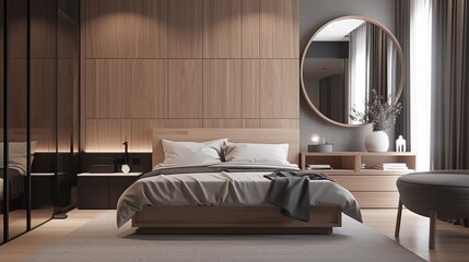 Bedroom on comfy minimalist style interior background. Generative AI technology.