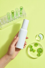 Top view of white plastic bottle without label on hand model, gotu kola leaves on petri dish and tests tube on green background. Mockup cosmetic of natural extract, nature ingredient for skincare.