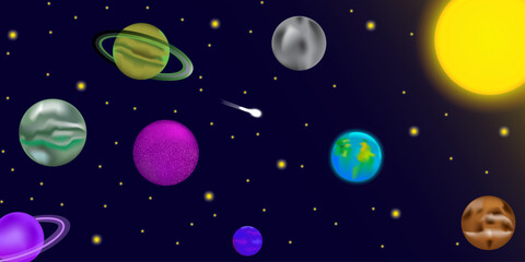 Fototapeta premium Sky planet space in cartoon style. Colorful sky planet space in modern style. Space background. Vector illustration.
