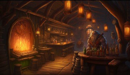 Fototapeta na wymiar Generative AI, fantasy Tavern, medieval Tavern, medieval building,dwarf,zwerg, fantasy Taverne, mittelalterliche Taverne, mittelalterliche Gebäude. 