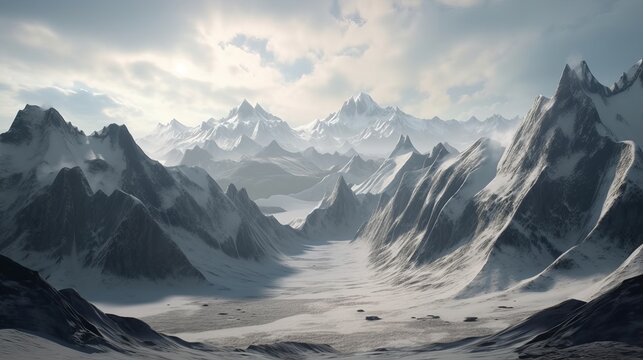 Snow mountain landscape background. Generative AI technology.