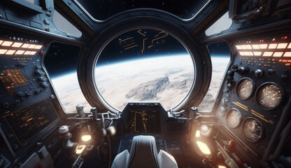 Space aircraft cockpit view. Generative AI technology.