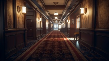Classic luxury hallway of classic hotel background. Generative AI technology.	