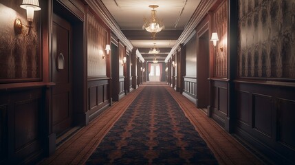 Empty hallway of classic hotel corridor background. Generative AI technology.	
