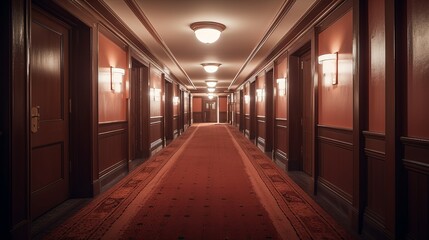 Classic hotel room hallway background. Generative AI technology.	