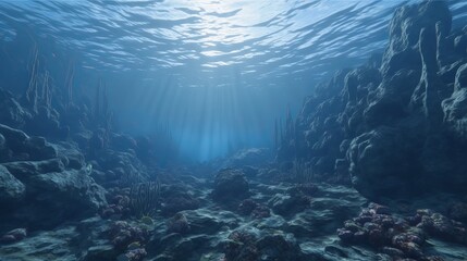 Fototapeta na wymiar Beautiful sea ocean underwater landscape background with sunshine. Generative AI technology. 
