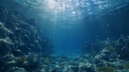 Fototapeta na wymiar Seabed ocean underwater landscape background with sunshine. Generative AI technology. 
