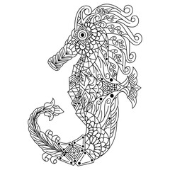 Hand drawn illustration of seahorse in zentangle style