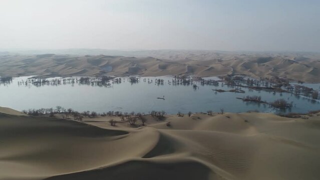 Aerial view of water formations after spring rains in the Sahara Desert, Algeria.