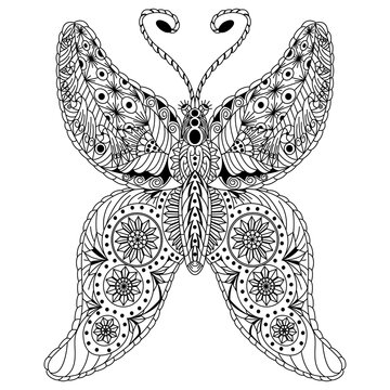 Hand drawn of butterfly in zentangle style