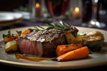 A seared sirloin steak, served with a side of roasted root vegetables and a fragrant rosemary jus