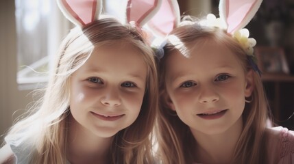 A Joyful Happy Beautiful Easter Display of Inclusion DEI: Caucasian White Kids Girls Celebrating Easter with Confidence and Smiles, Symbolizing Unity and Acceptance (Generative AI