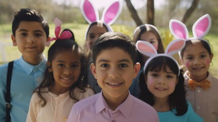 An Artistic Happy Easter of Diversity Equity Inclusion DEI: Hispanic Kids Boys and Girls Celebrating Easter with Confidence and Smiles, Symbolizing Unity and Acceptance (Generative AI