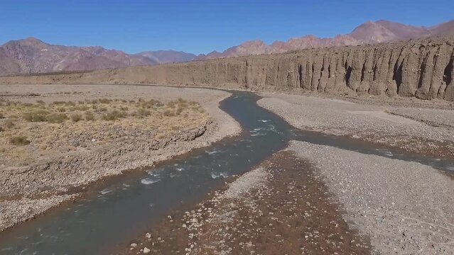 The landscape of Wakhan corridor - the narrow land between Afganistan and Tajikistan. River Pyandzh is a border. Pamir mountains, Asia.