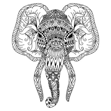 Hand drawn of elephant head in zentangle style