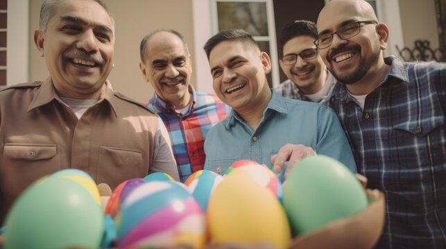 A Joyful Happy Beautiful Easter Display of Diversity DEI: Hispanic Men Celebrating Easter with Confidence and Smiles, Symbolizing Unity and Acceptance (Generative AI