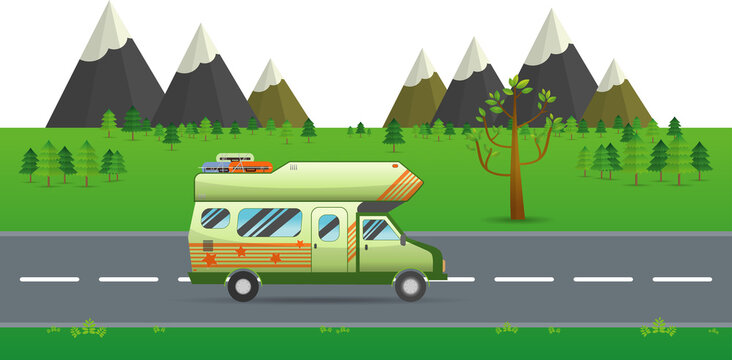 Family traveler truck driving on the road. Outdoor journey camping traveling vacation concept poster card. caravan motorhome van on countryside background landscape illustration.