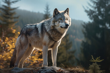 A wolf  on forest mountain looking at camera, Ai Generative