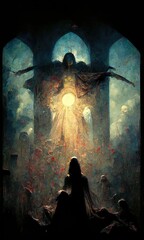 Concept art on the theme of Heaven, Cathedral, Hell and Skull
