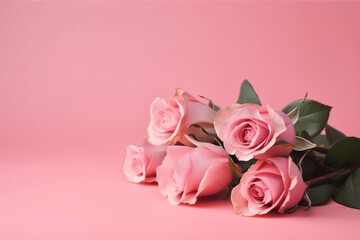 bouquet of pink roses. mother's day. pink background. generative ai. 