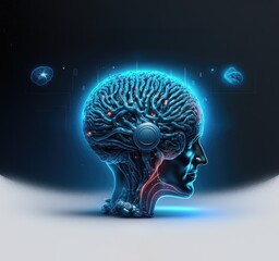Obraz premium A blue head with a brain on it and a planet in the background. Generative AI
