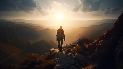 Fototapeta premium Hiker Standing at Top of Mountain Enjoying Beautiful Scenery AI Generative