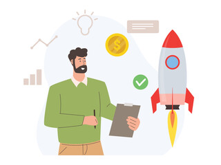 Market research and business analysis concept. Man studying, analyzing startup data and information