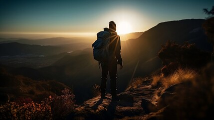 Fototapeta premium Hiker Standing at Top of Mountain Enjoying Beautiful Scenery AI Generative