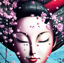 Geisha mit Blüten im Haar Generative AI