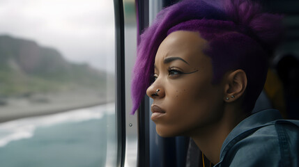 african american woman looking at the window, while traveling by subway