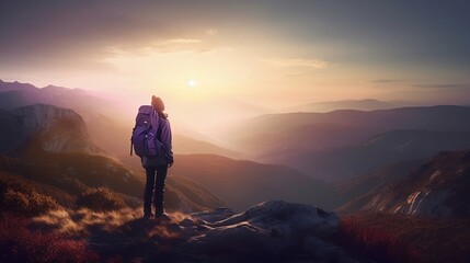 Fototapeta premium Hiker Standing at Top of Mountain Enjoying Beautiful Scenery AI Generative