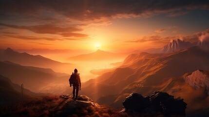 Obraz premium Hiker Standing at Top of Mountain Enjoying Beautiful Scenery AI Generative