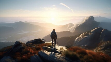 Fototapeta premium Hiker Standing at Top of Mountain Enjoying Beautiful Scenery AI Generative